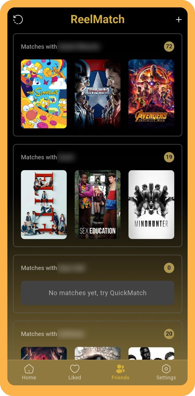ReelMatch friends screen showing the titles each friend also said yes to, with names blurred