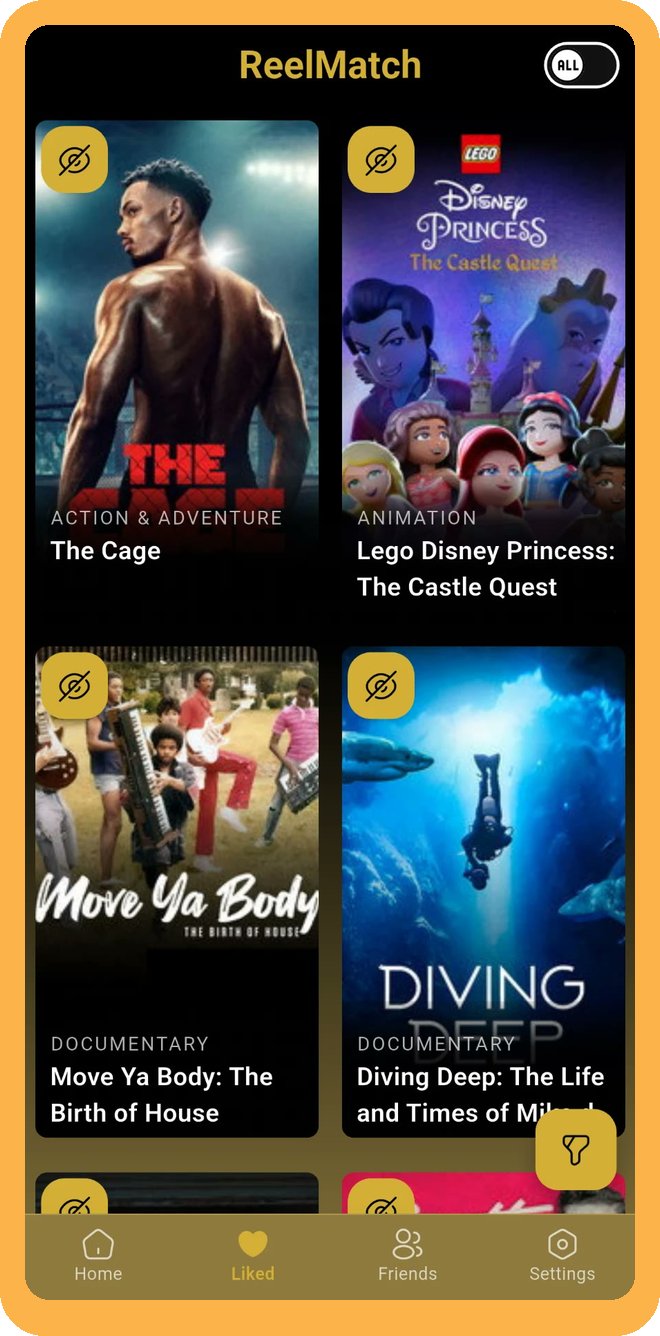 ReelMatch liked list showing saved movies and documentaries in a grid