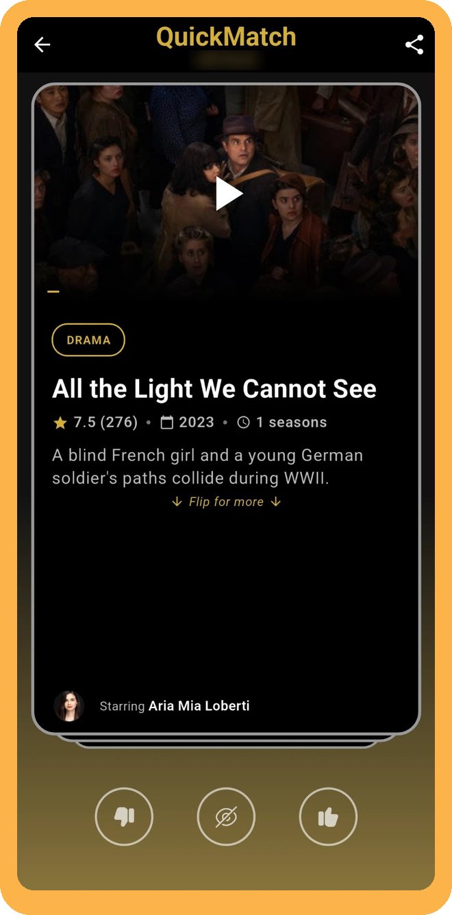 ReelMatch QuickMatch screen for swiping with one friend in real time