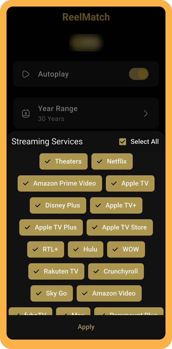 ReelMatch settings with streaming service filters