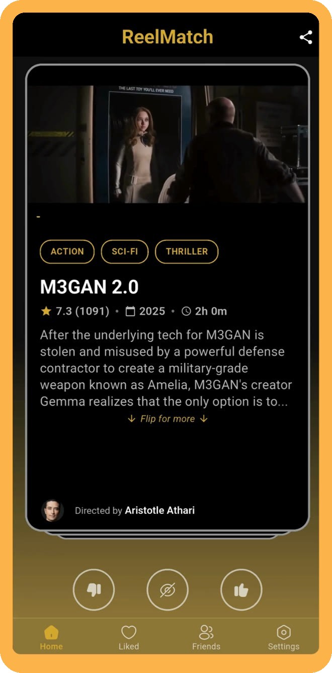 ReelMatch swipe card with like, skip and hide buttons