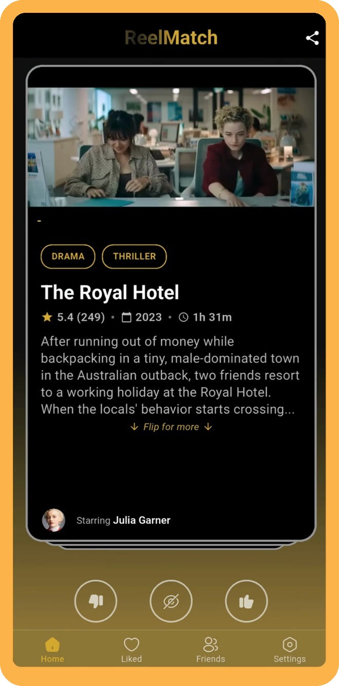 ReelMatch swipe card showing a movie with its trailer, genres and rating