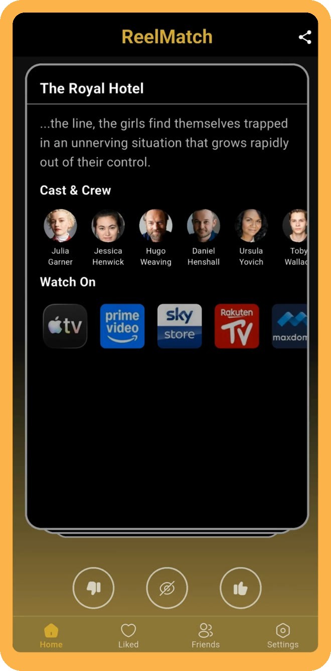 ReelMatch card flipped to show cast and the streaming services where the title is available
