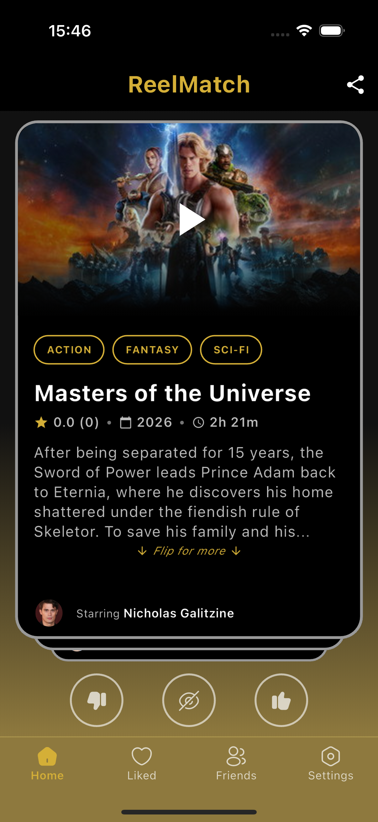 ReelMatch app showing movie trailer swiping interface